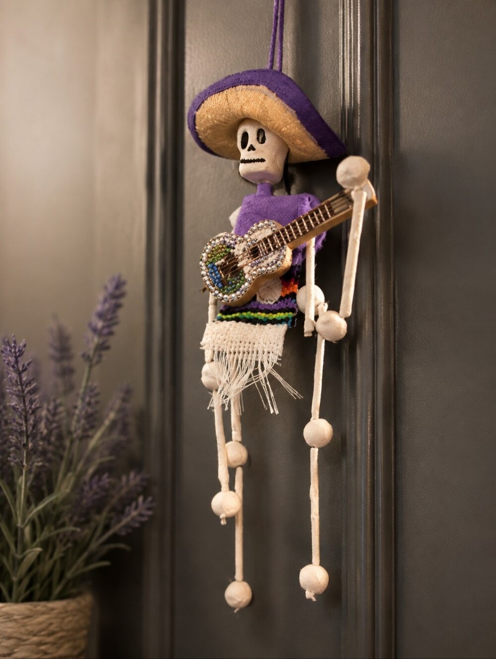 Handcrafted Skeleton Musician Ornament - Purple and White